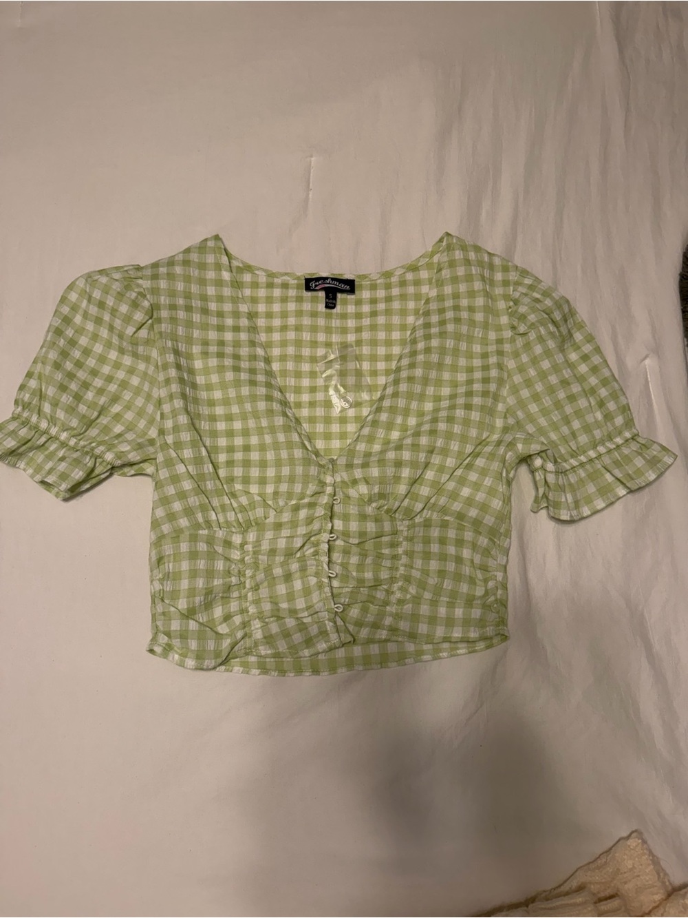 Love Tree Light Green Gingham Ruched Button-Front Crop Top